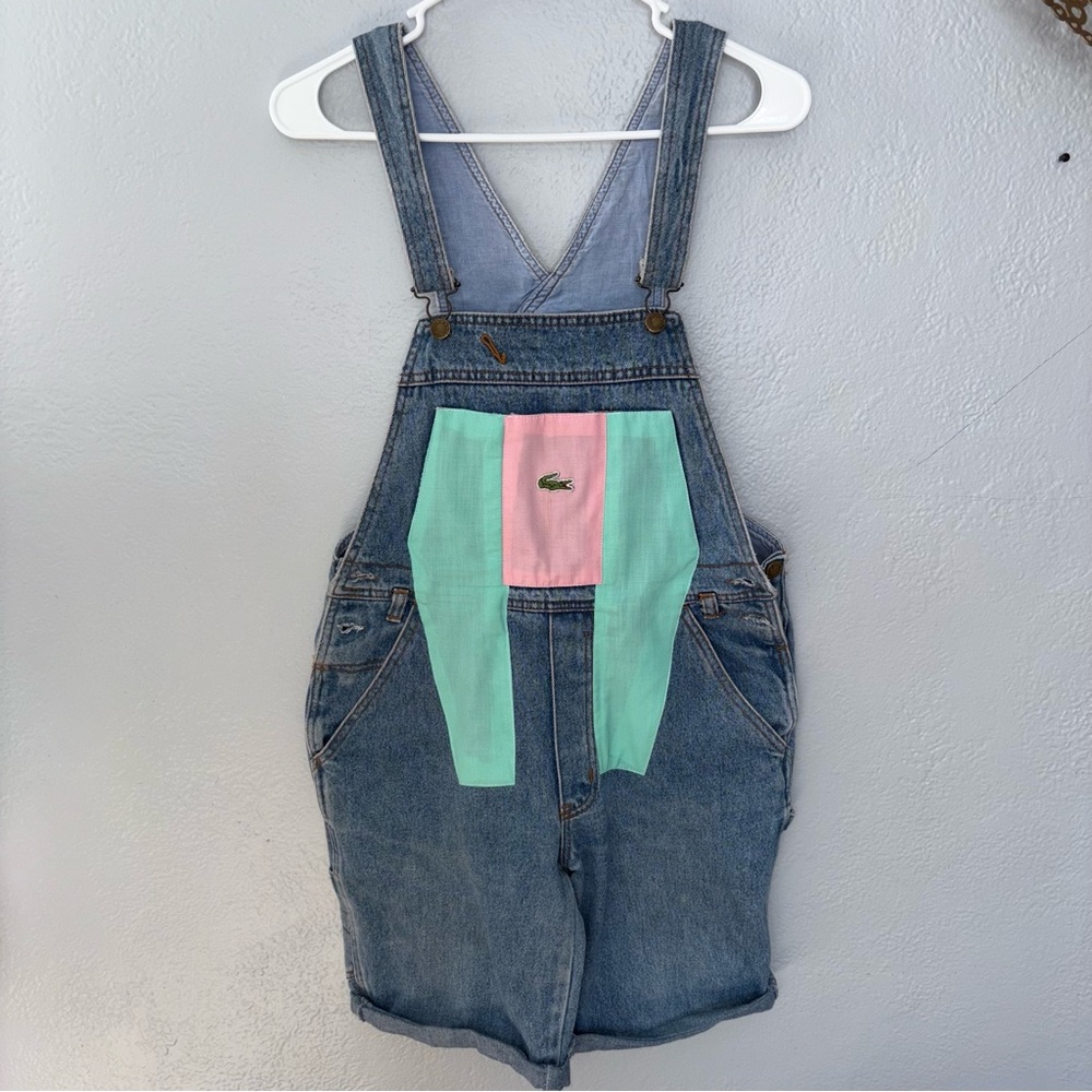 Lacoste Vintage Women’s Denim Overalls with Pink and Green Accents sz 4